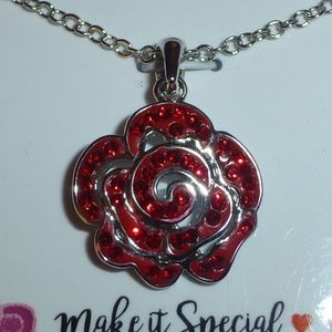 Red Rose Flower Pendant Necklace, Silver Plated, Rhinestones, 18" Chain, NWT